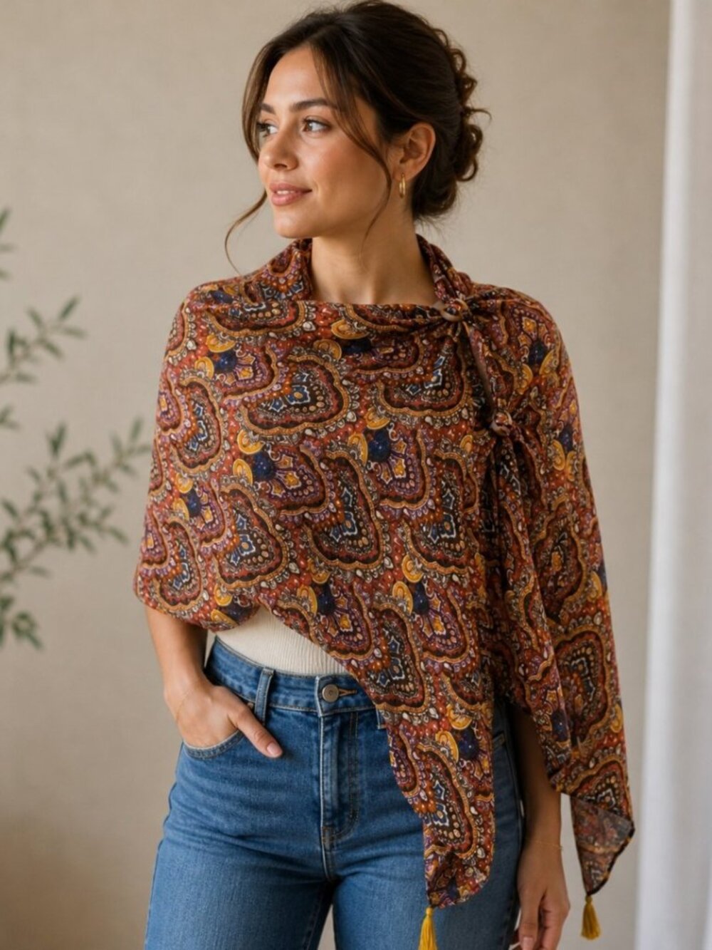 Multi Use Versatile Brown Paisley Poncho Scarf with Scarf Buckle